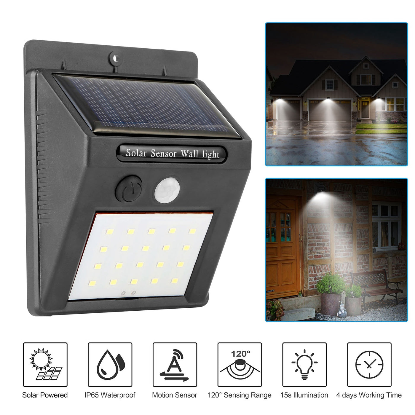 1Pc Solar Light 20 LEDs Outdoor PIR Motion Sensor Lights IP65 Waterproof 120 Degree Sensing Wide Angle Lighting For Garage Front Door Garden Pathway