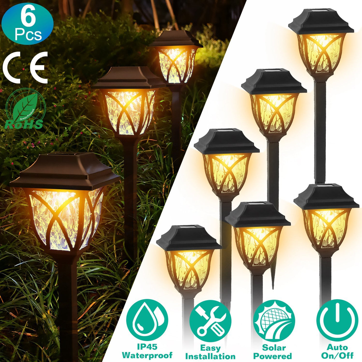 6Pack Solar Powered Stake Light Outdoor Decorative Landscape Lamp IP45 Waterproof Auto On Off Outdoor Light For Pathway Garden Yard Patio