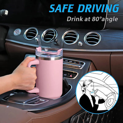 40oz Tumbler with Handle and Straw, Pink Insulated Travel Mug Iced Coffee Cup, Reusable Stainless Steel Insulated Water Bottle