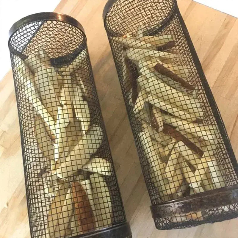 Round BBQ Basket Stainless Steel Rolling Grilling Basket Wire Mesh Cylinder Grill Basket Portable Outdoor Camping Barbecue Rack Smart Nest Gadgets