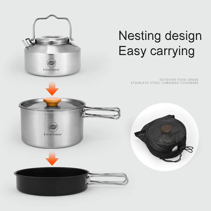 Leaftour Stainless Steel Camping Cookware Set Kettle Pot Pan - Outdoor Cooking Essentials for 2-3 Person
