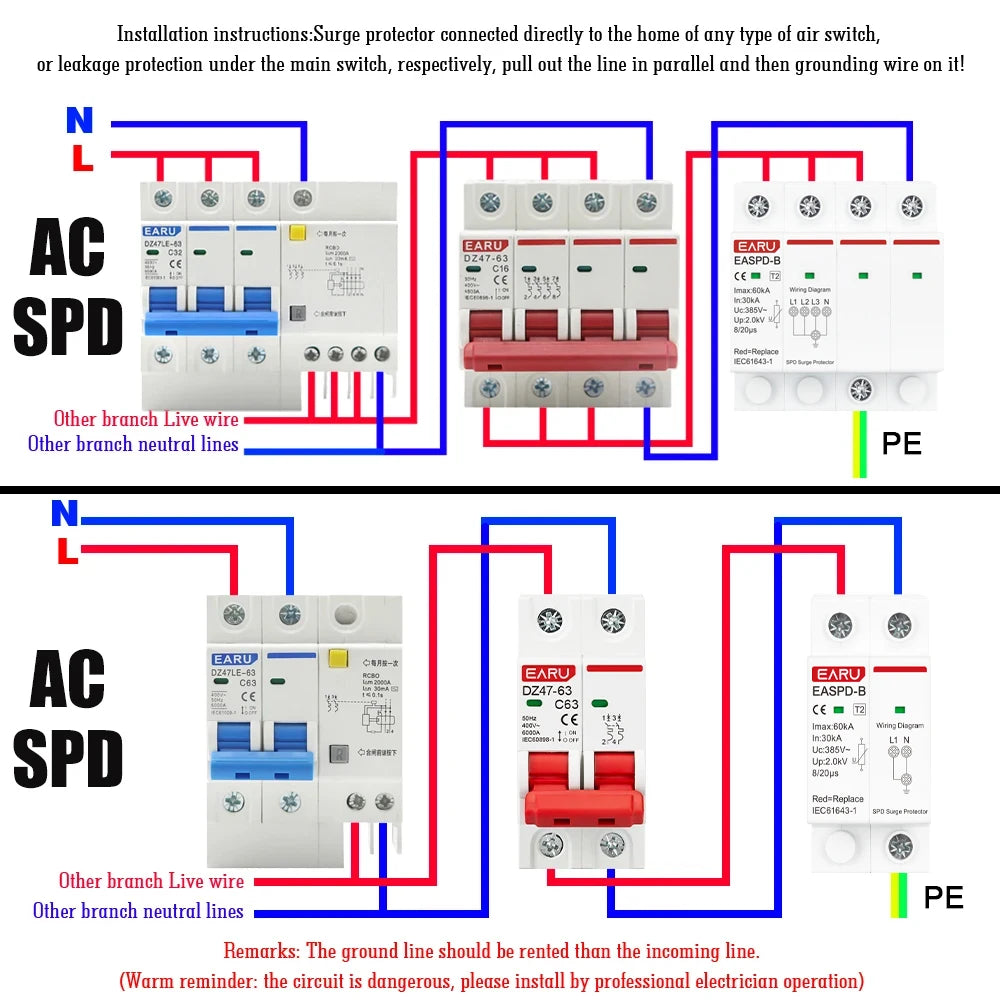 SPD Surge Protector Device Arrester Low Voltage House Surge Voltage Protection for AC Power 1P 2P 3P 4P 20KA-40KA 30KA-60KA