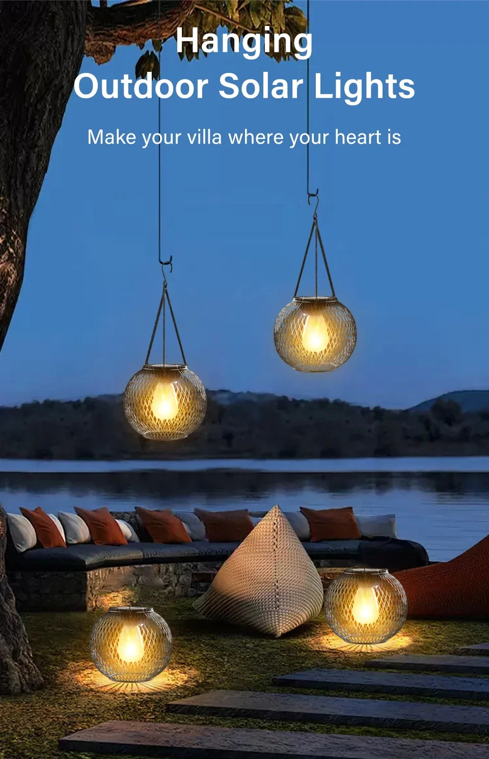 Outdoor Solar Iron Lantern Led Solar Lights Waterproof Decorative Hanging Lights for Tree Garden Yard Patio Pathway Dusk-to-dawn