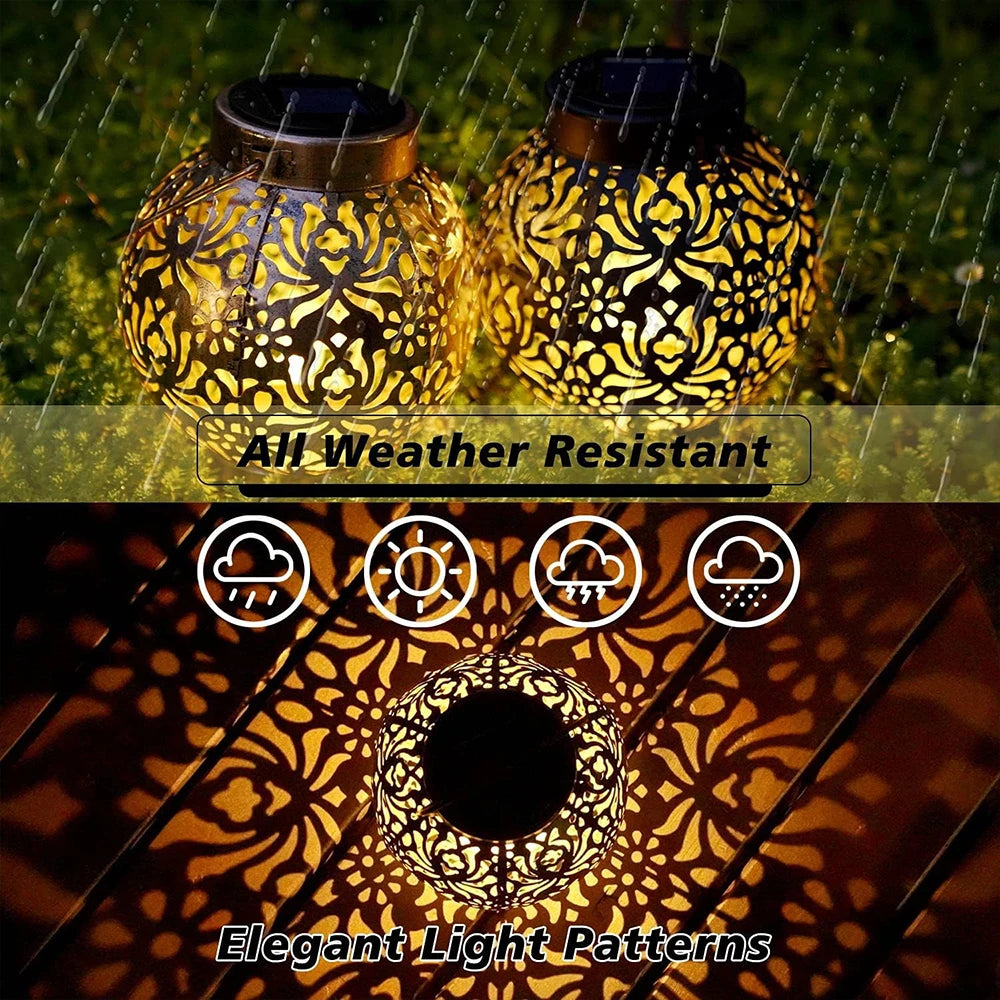 LED Solar Lantern Light Hollow Wrought Iron Projection Light Hanging Lamps Outdoor Waterproof Yard Garden Art Decoration