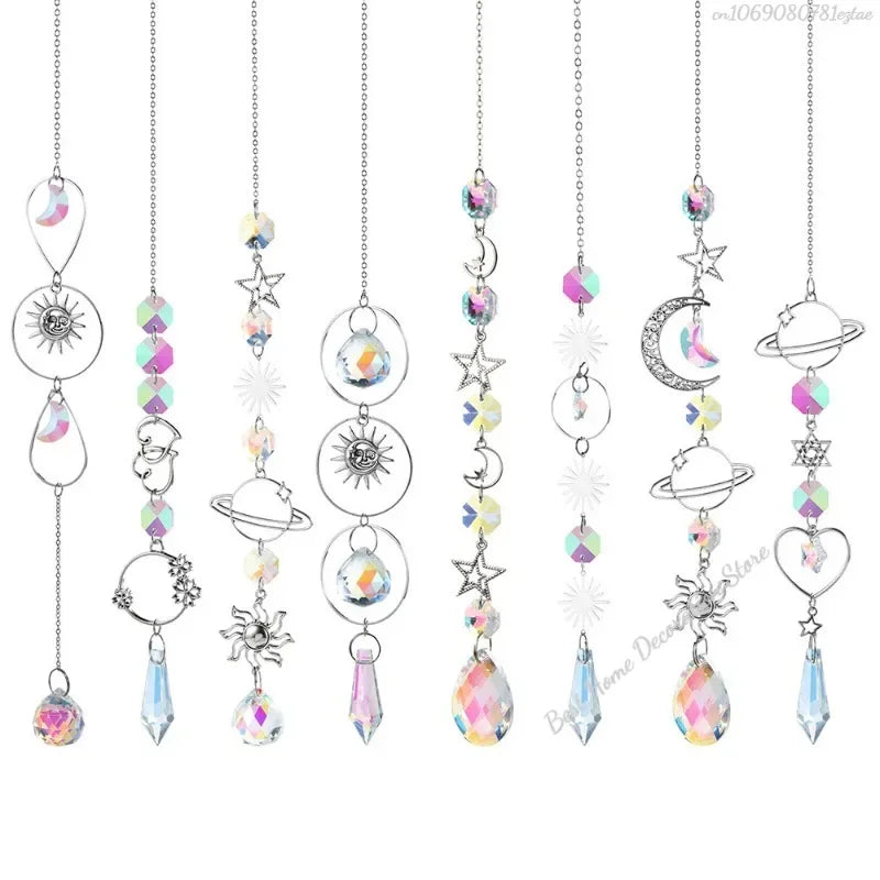 1pc Crystal Wind Chime Moon Sun Catcher Diamond Prisms Pendant Dream Catcher Rainbow Hanging Drop Home Garden Decor Windchime