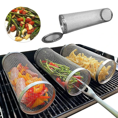Round BBQ Basket Stainless Steel Rolling Grilling Basket Wire Mesh Cylinder Grill Basket Portable Outdoor Camping Barbecue Rack Smart Nest Gadgets