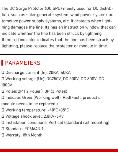DC SPD 100V 250V 500V 800V 1000V Surge Arrester Protective Lightning Protector 20KA 40KA 60KA New Energy  DC Surge Protector