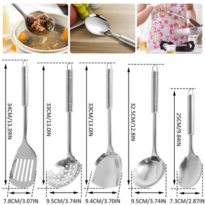 5Pcs Kitchen Cooking Utensils Set Stainless Steel Spoons Spatula with Ergonomic Handle Heavy-Duty Washable Spoons Utensils