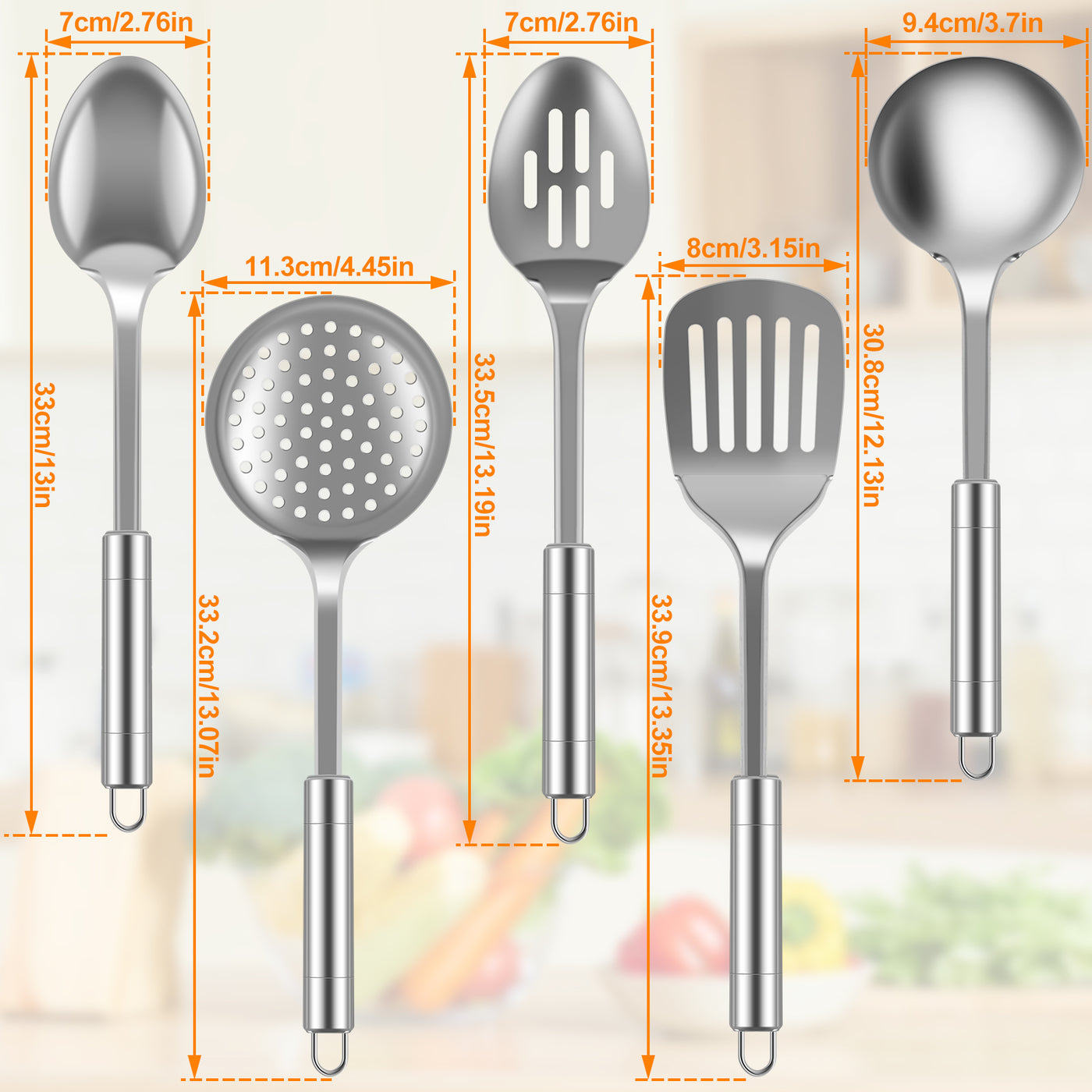 5Pcs Kitchen Cooking Utensils Set Stainless Steel Spoons Spatula with Ergonomic Handle Heavy-Duty Washable Spoons Utensils