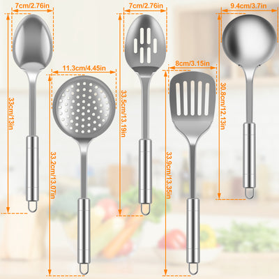 5Pcs Kitchen Cooking Utensils Set Stainless Steel Spoons Spatula with Ergonomic Handle Heavy-Duty Washable Spoons Utensils