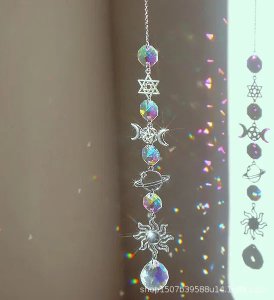 1pc Crystal Wind Chime Moon Sun Catcher Diamond Prisms Pendant Dream Catcher Rainbow Hanging Drop Home Garden Decor Windchime