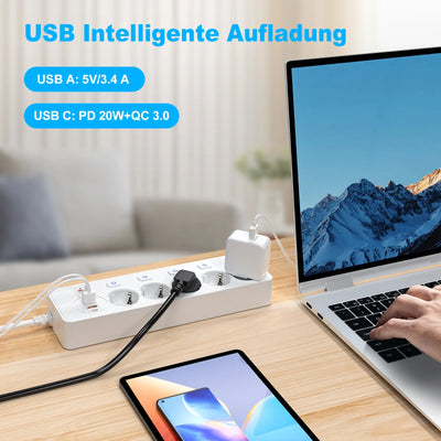 European plug Smart Power Strip with Multi USB Port Type-C, Independent Control Socket 2 meters Cable with Overload Protection