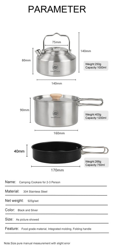 Leaftour Stainless Steel Camping Cookware Set Kettle Pot Pan - Outdoor Cooking Essentials for 2-3 Person