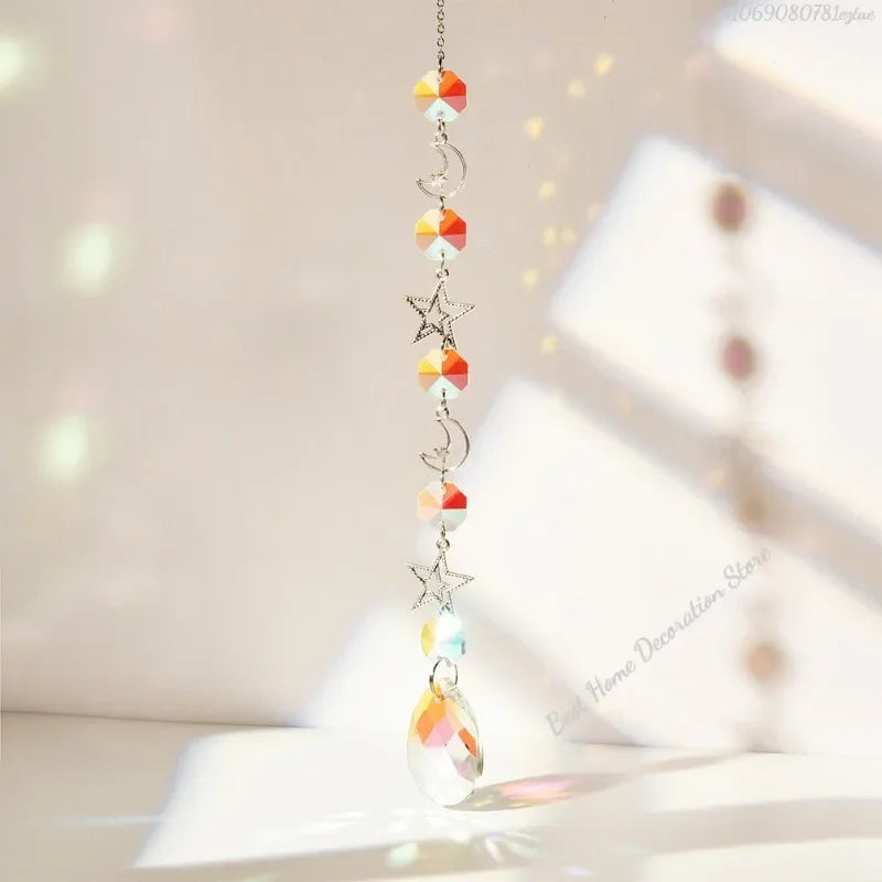 1pc Crystal Wind Chime Moon Sun Catcher Diamond Prisms Pendant Dream Catcher Rainbow Hanging Drop Home Garden Decor Windchime