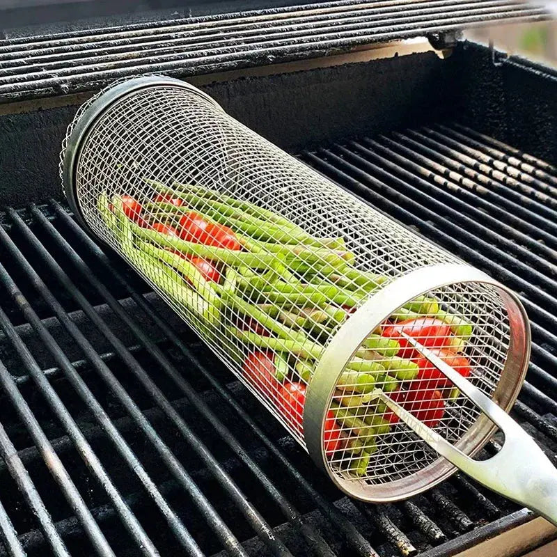 Round BBQ Basket Stainless Steel Rolling Grilling Basket Wire Mesh Cylinder Grill Basket Portable Outdoor Camping Barbecue Rack Smart Nest Gadgets