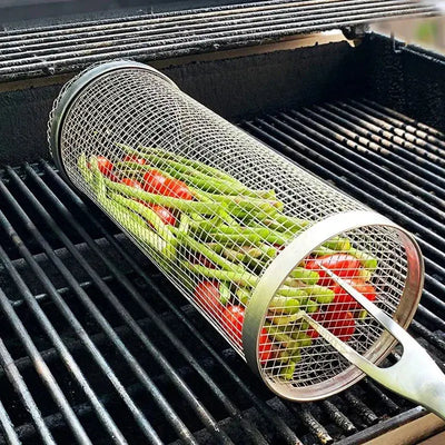Round BBQ Basket Stainless Steel Rolling Grilling Basket Wire Mesh Cylinder Grill Basket Portable Outdoor Camping Barbecue Rack Smart Nest Gadgets
