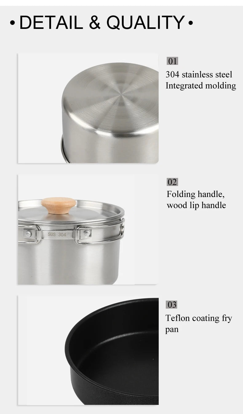 Leaftour Stainless Steel Camping Cookware Set Kettle Pot Pan - Outdoor Cooking Essentials for 2-3 Person