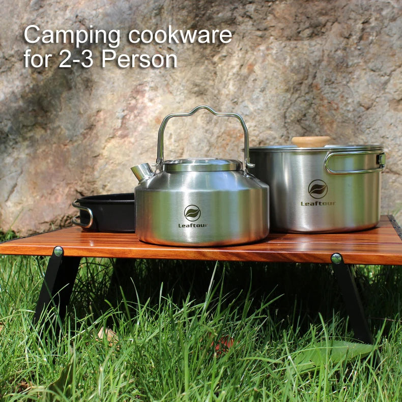 Leaftour Stainless Steel Camping Cookware Set Kettle Pot Pan - Outdoor Cooking Essentials for 2-3 Person