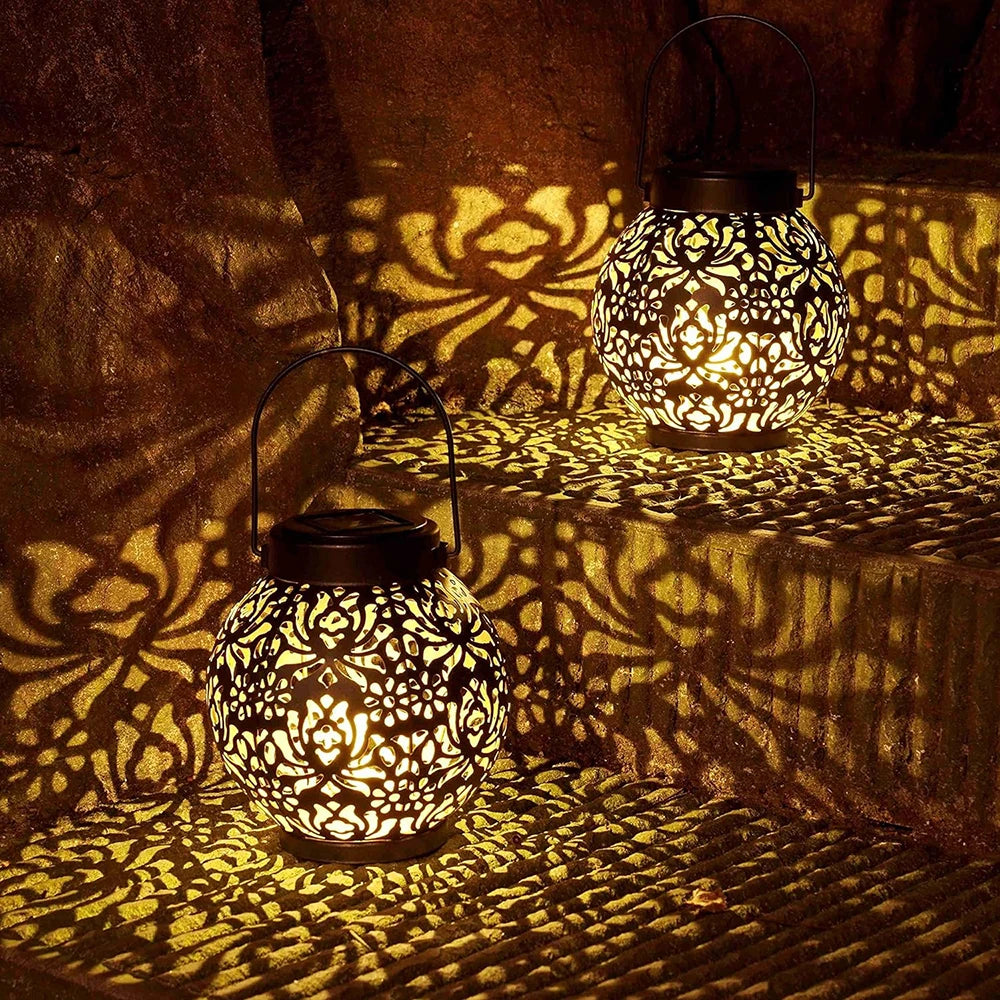 LED Solar Lantern Light Hollow Wrought Iron Projection Light Hanging Lamps Outdoor Waterproof Yard Garden Art Decoration