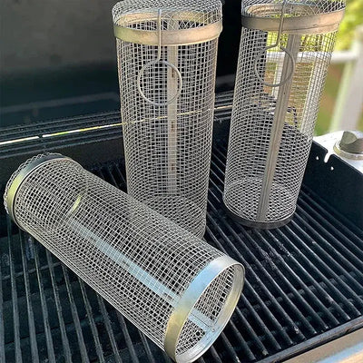 Round BBQ Basket Stainless Steel Rolling Grilling Basket Wire Mesh Cylinder Grill Basket Portable Outdoor Camping Barbecue Rack Smart Nest Gadgets