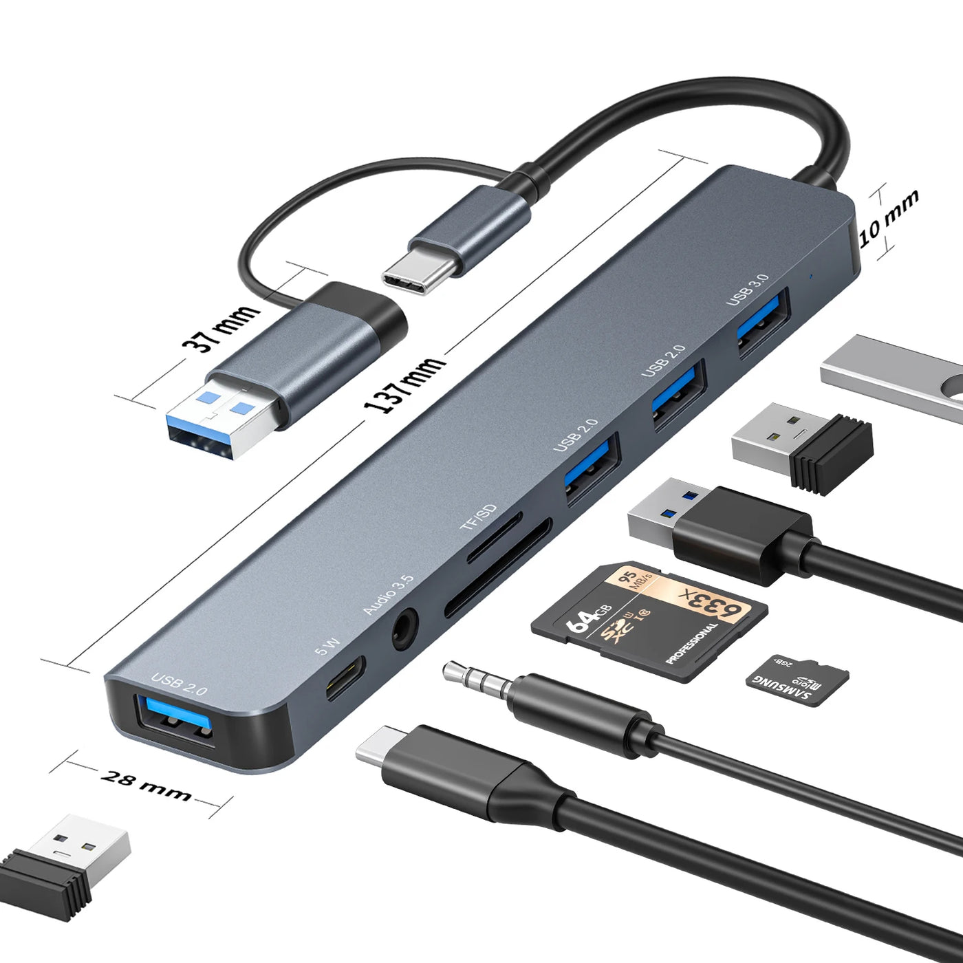 USB C Hub USB 3.0, Aluminum 8 in 1 USB Splitter with 1 X USB 3.0, 3 X USB 2.0 and 1 X USB C, SD/TF Card Reader, 3.5mm Aux Ports