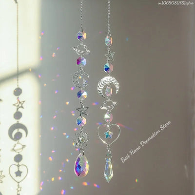 1pc Crystal Wind Chime Moon Sun Catcher Diamond Prisms Pendant Dream Catcher Rainbow Hanging Drop Home Garden Decor Windchime