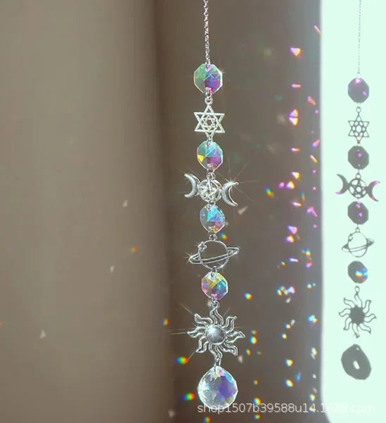 1pc Crystal Wind Chime Moon Sun Catcher Diamond Prisms Pendant Dream Catcher Rainbow Hanging Drop Home Garden Decor Windchime