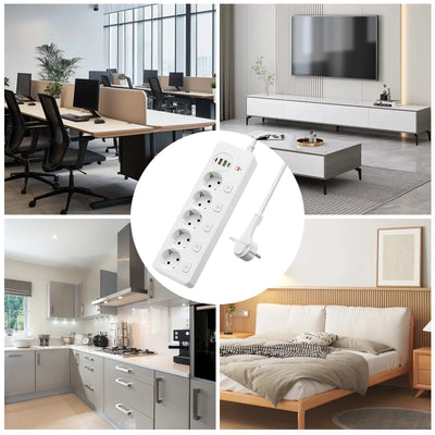 European plug Smart Power Strip with Multi USB Port Type-C, Independent Control Socket 2 meters Cable with Overload Protection