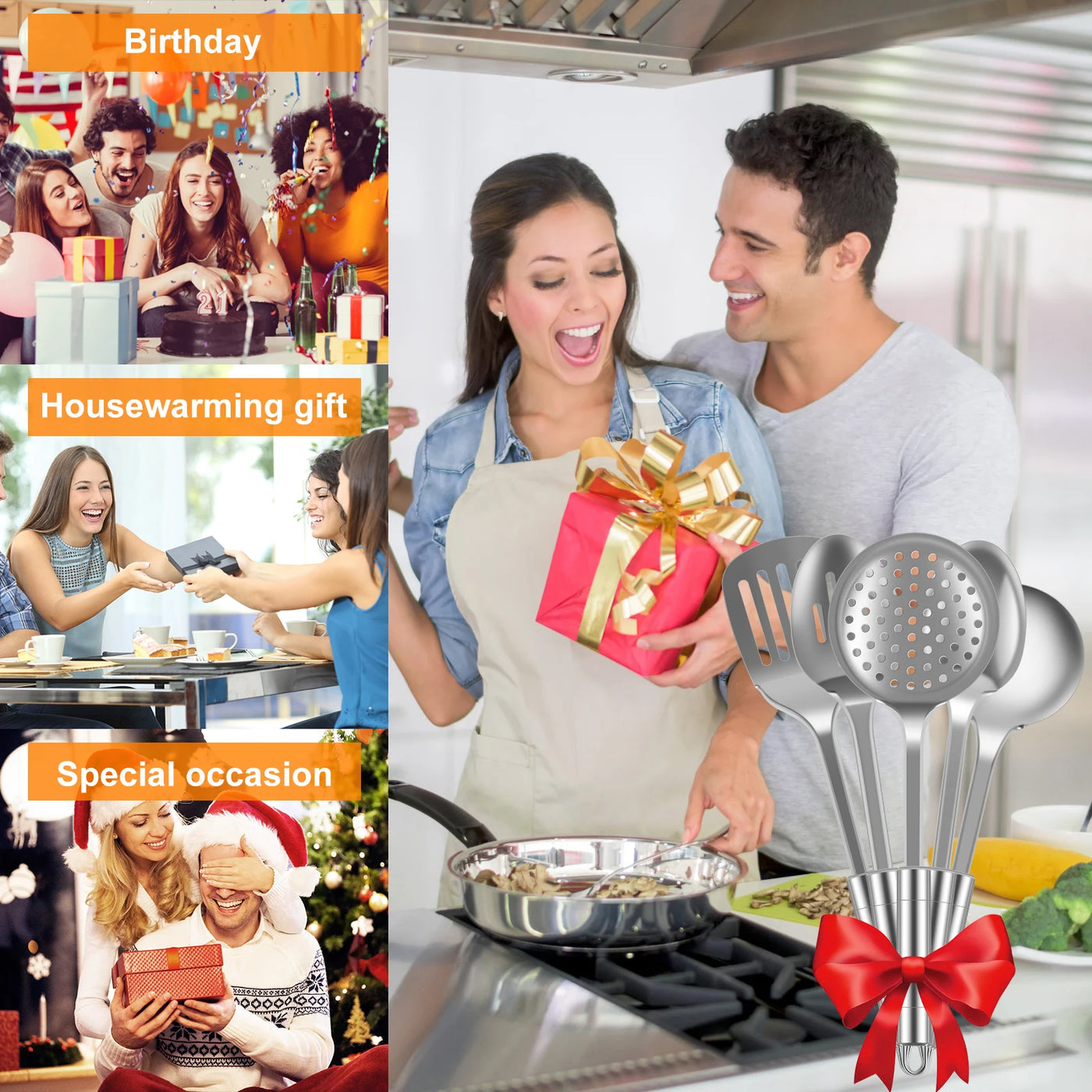 5Pcs Kitchen Cooking Utensils Set Durable Stainless Steel Cooking Tools Washable Spoons Spatula Utensils Kitchen Gadgets Tools