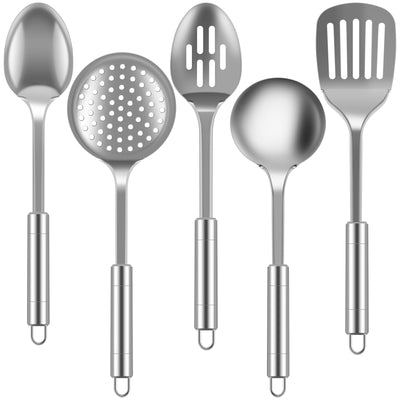 5Pcs Kitchen Cooking Utensils Set Stainless Steel Spoons Spatula with Ergonomic Handle Heavy-Duty Washable Spoons Utensils