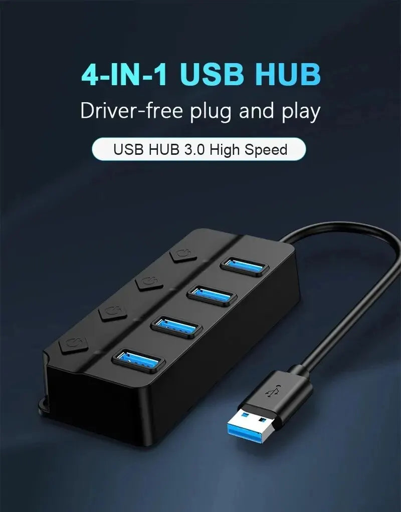 HUB USB 3.0 4-en-1, Répartiteur USB 2.0, Adaptateur Multiport, Interrupteur D'alimentation Indépendant, Rallonge De C?ble De 3