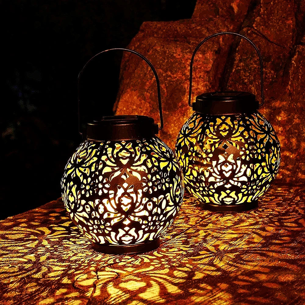 LED Solar Lantern Light Hollow Wrought Iron Projection Light Hanging Lamps Outdoor Waterproof Yard Garden Art Decoration