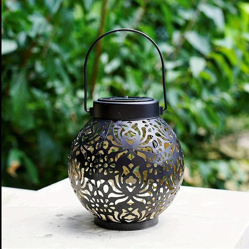 LED Solar Lantern Light Hollow Wrought Iron Projection Light Hanging Lamps Outdoor Waterproof Yard Garden Art Decoration