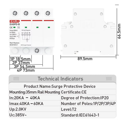SPD Surge Protector Device Arrester Low Voltage House Surge Voltage Protection for AC Power 1P 2P 3P 4P 20KA-40KA 30KA-60KA