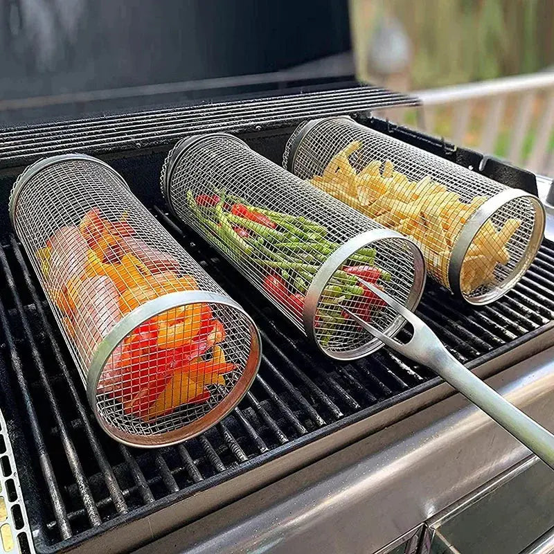Round BBQ Basket Stainless Steel Rolling Grilling Basket Wire Mesh Cylinder Grill Basket Portable Outdoor Camping Barbecue Rack Smart Nest Gadgets