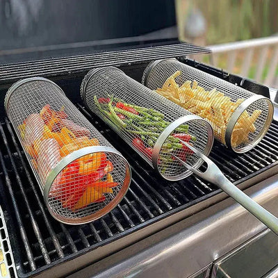 Round BBQ Basket Stainless Steel Rolling Grilling Basket Wire Mesh Cylinder Grill Basket Portable Outdoor Camping Barbecue Rack Smart Nest Gadgets