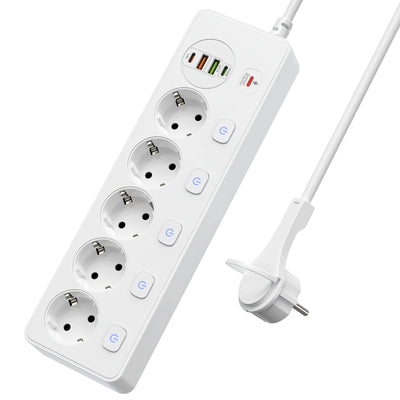 European plug Smart Power Strip with Multi USB Port Type-C, Independent Control Socket 2 meters Cable with Overload Protection