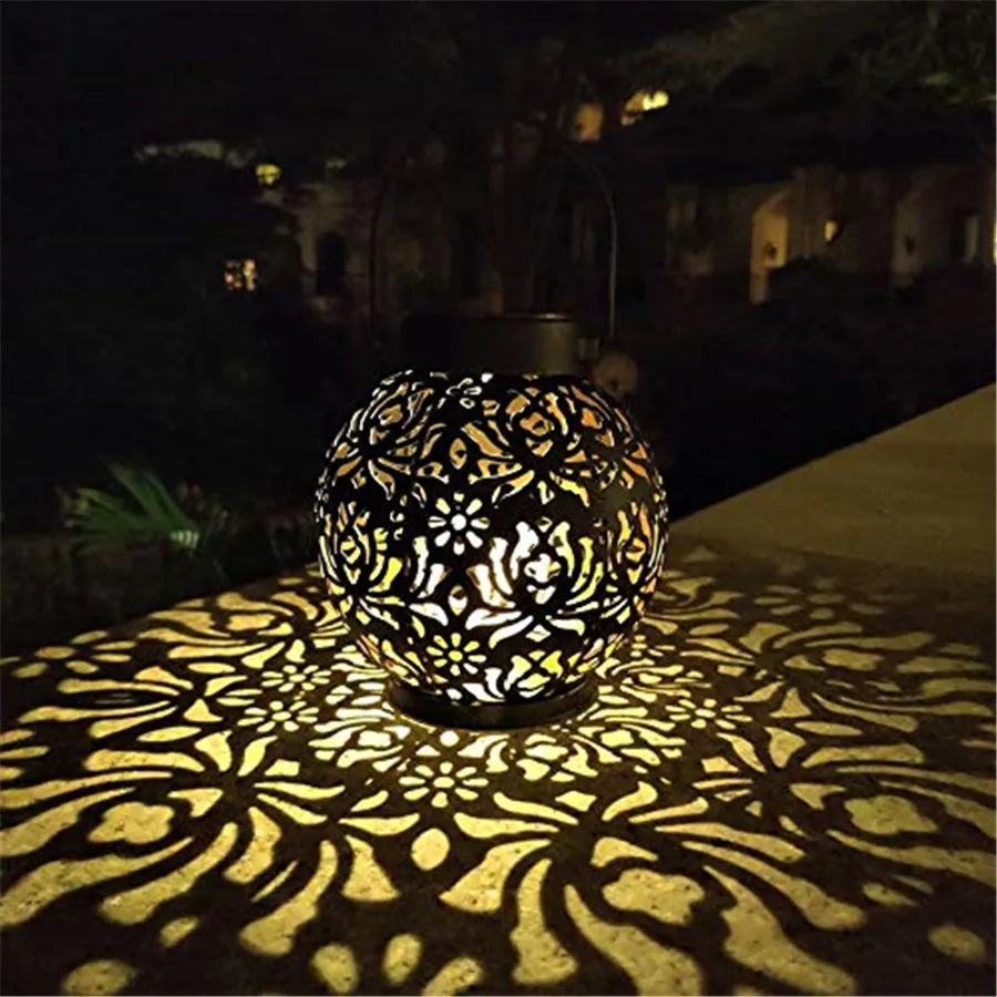 LED Solar Lantern Light Hollow Wrought Iron Projection Light Hanging Lamps Outdoor Waterproof Yard Garden Art Decoration