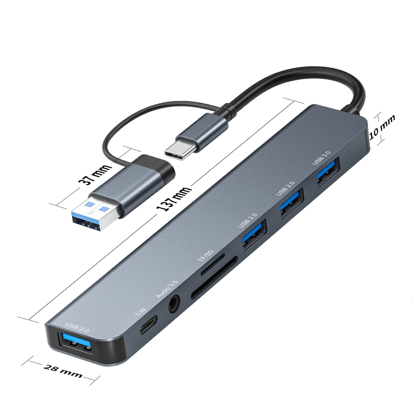 USB C Hub USB 3.0, Aluminum 8 in 1 USB Splitter with 1 X USB 3.0, 3 X USB 2.0 and 1 X USB C, SD/TF Card Reader, 3.5mm Aux Ports