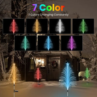 4Pack 7 Color Changing Solar Christmas Tree Lights Outdoor Optical Fiber Stake Lights Cedar Tree Lights With Topper Star IP44 Waterproof For Garden Yard Pathway Lawn