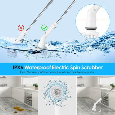 1Set Electric Spin Scrubber Cordless Rechargeable Telescopic Cleaning Brush 6 Replaceable Heads 2 Speed Adjustable Extension Arm Bathroom Tub Tile Floor